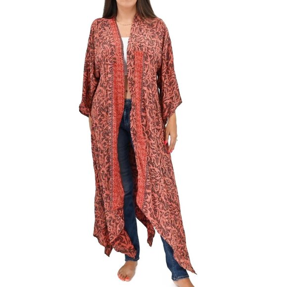 SISSEL EDELBO Anthropologie Floral Maxi Duster Kimono Cardigan Womens Size M/L